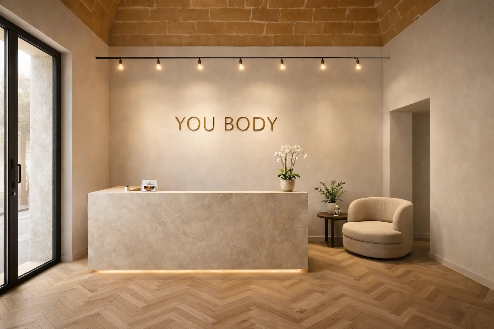 Ingresso di You Body con banco accoglienza e atmosfera raccolta.